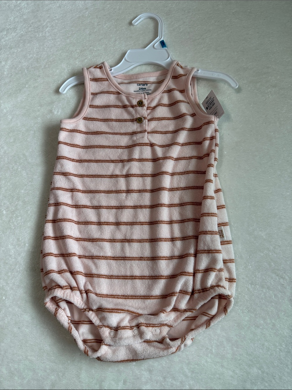 Carter's Peach and Brown Terry Cloth Stripe Sleeveless One-Piece Romper. 24month